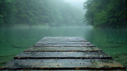 Serene Lake View With Weathered Wooden Strip Resting In Water