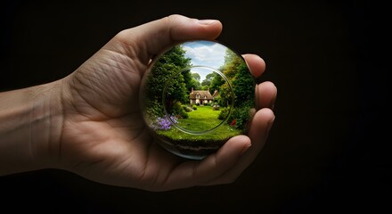 A hand holds a crystal ball reflecting a picturesque cottage garden on a sunny day, symbolizing perspective, future vision, and the beauty of nature.