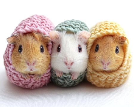 Three adorable guinea pigs wrapped in colorful knitted cozy blankets