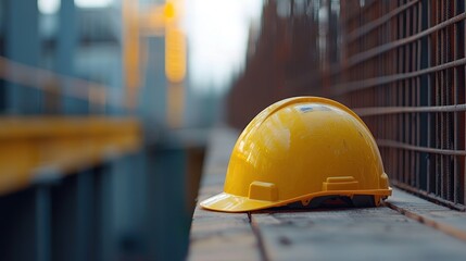 A yellow hard hat lies on a wooden surface with a blurred construction site in the background.