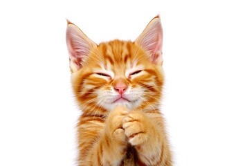 Obraz premium Adorable ginger kitten praying with closed eyes and clasped paws full of hope and devotion
