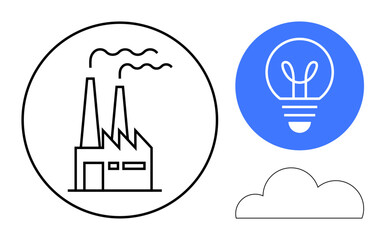 Factory with chimneys emitting smoke, blue light bulb symbolizing innovation, and a cloud. Ideal for industry, innovation, sustainability, clean energy, pollution impact, eco solutions simple