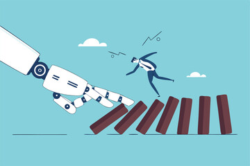 AI to disrupt human work, Artificial intelligence impact or challenge, job uncertainty future, innovation effect, AI change concept, AI robot arm push to collapse domino, businessman falling down.