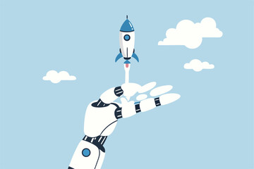 Innovation technology, AI artificial intelligence robot, machine learning project for automation system, innovative algorithm assistance, breakthrough creation concept, robot hand launch new rocket.