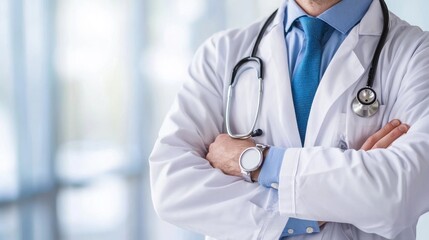 A doctor standing in a hospital setting, wearing a white coat and stethoscope, with a blue tie and a watch on his left wrist.