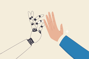 Working together with AI Artificial Intelligence, human cooperate with machine or robot, AI help or support coworker, assistance or partnership concept, businessman hand high five with robot hand.
