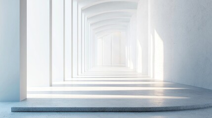 A white, empty, rectangular room with a concrete floor and white walls.