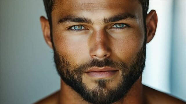 Close-up portrait of a handsome man with intense blue eyes and a well-groomed beard