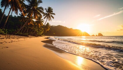 Golden sunset over a tropical beach with palm trees and gentle waves.