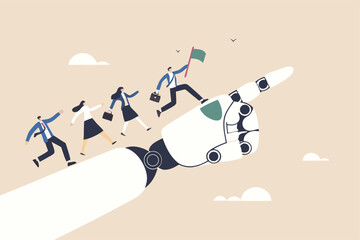 AI Artificial Intelligence help support business success, technology or innovation for new opportunity, invention for business growth concept, business people walking up on robot hand pointing up.