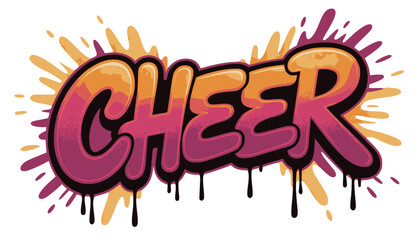 Cheer word art with orange pink splash, Bold "CHEER" lettering in pink and orange hues with comic-style paint splash on textured wall for festive and fun visuals.

