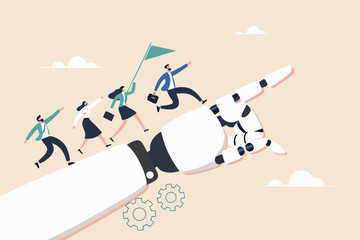 AI Artificial Intelligence help support business success, technology or innovation for new opportunity, invention for business growth concept, business people walking up on robot hand pointing up.