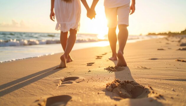 A couple strolls hand-in-hand along a sandy beach at sunset, leaving footprints.