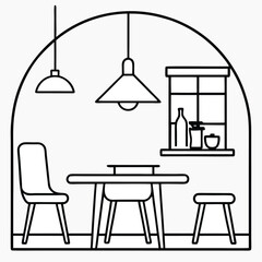 Minimalist line art depicting a cozy dining area with a table chairs and a window scene evoking simple modern interior design