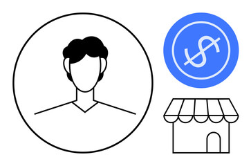 Abstract person profile, blue dollar icon, and small storefront. Ideal for entrepreneurship, finance, e-commerce, business ownership, customer profile personal branding startup concept. Clean flat