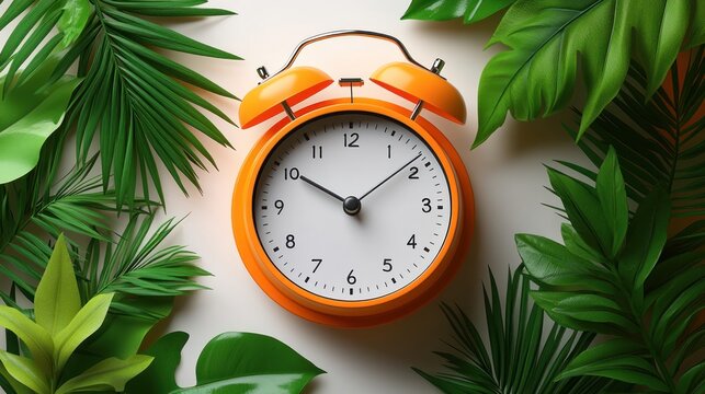 Bright orange alarm clock surrounded by lush green leaves on a white background - Powered by Adobe