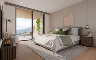 Dormitorio acogedor con decoración moderna, 3d render