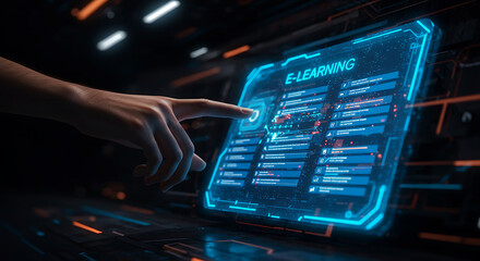 E-learning concept with human hand selecting online course module in a digital hologram style interface