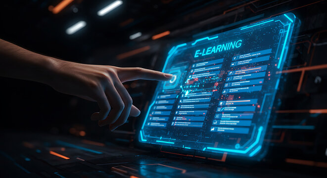 E-learning concept with human hand selecting online course module in a digital hologram style interface