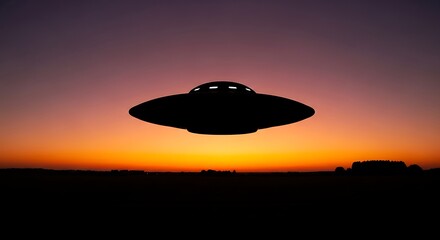 Mysterious Unidentified Flying Object Silhouette against a Stunning Sunset Sky Over a Rural Horizon