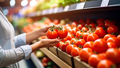 Woman selecting tomatoes in a grocery store