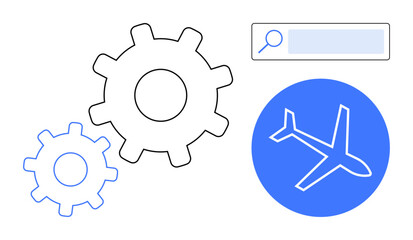Two gear icons, a search bar, and a blue airplane icon symbolizing technology, travel, and data search. Ideal for travel services, automation, innovation, software aviation productivity and simple