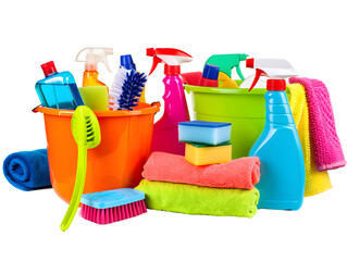 Assortment of colorful cleaning supplies in buckets and bottles with brushes and towels isolated on a transparent background