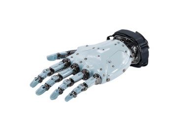Close up of a robotic hand, metallic and white.