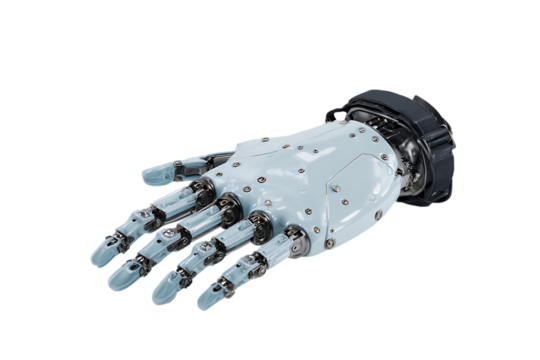 Close up of a robotic hand, metallic and white.