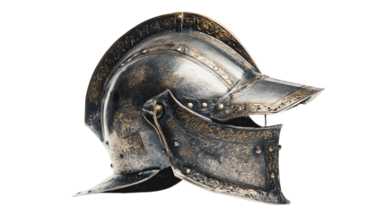 a helmet with a metal finish on a white background