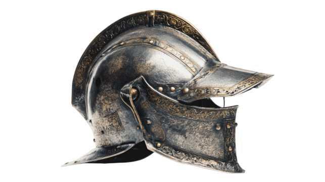 a helmet with a metal finish on a white background