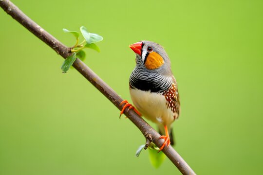Striking Zebra Finch Perched on a Branch Against a Green Backdrop