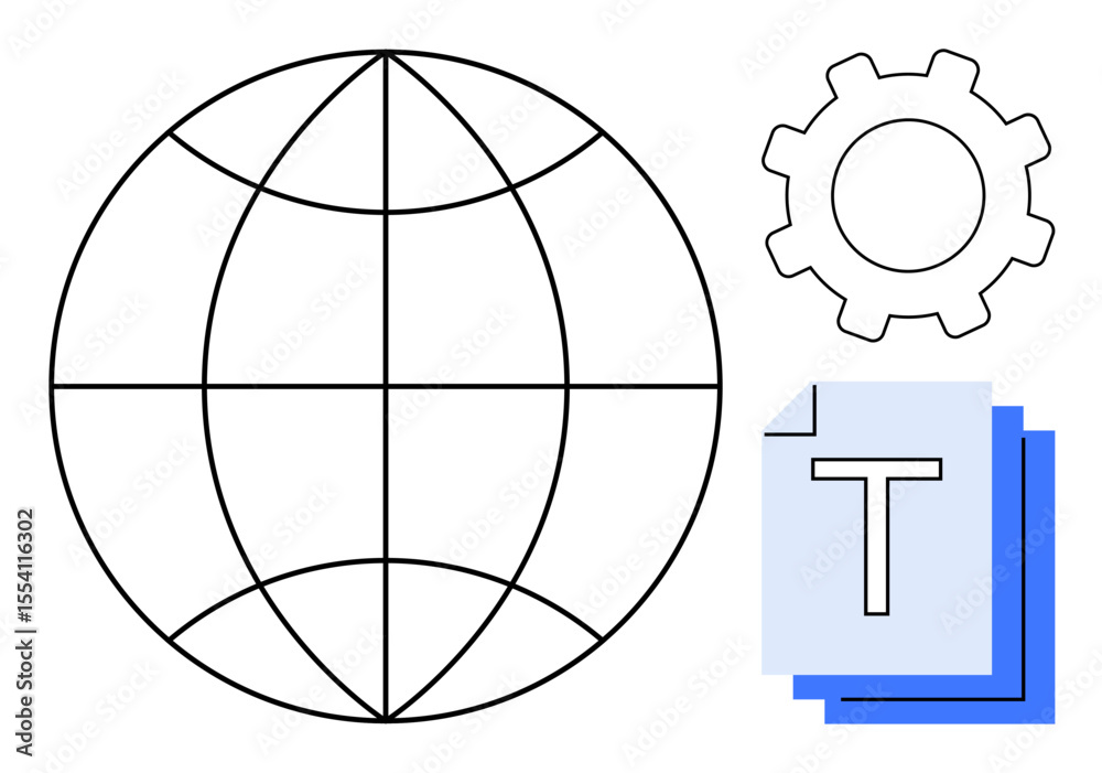 Poster grid-lined globe, gear, and layered text pages symbolize global networking, tech integration, collab