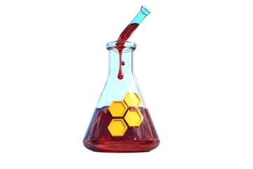 Red liquid pouring into an Erlenmeyer flask with honeycomb pattern.