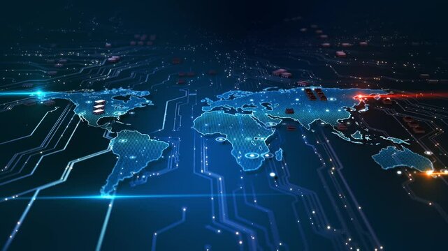 Electronic circuit board map Global network technology cyberspace Hologram planet earth futuristic circuit board lines Cybersecurity, Data Networks Futuristic World artificial intelligence innovation