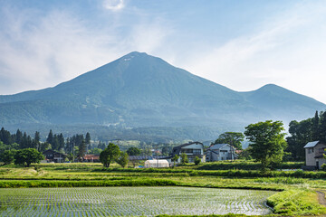 6月の早朝、翁島駅から見る磐梯山と田園風景