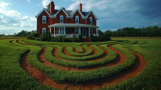 Red brick farmhouse with unique lawn maze design