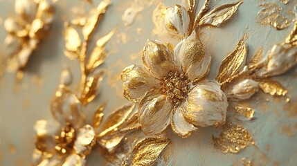 Delicate, embossed flowers in gold and cream tones.