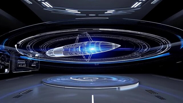 Futuristic missile hologram display in hightech control room