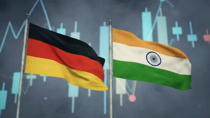 Animated german and indian flags waving with financial stock market data background - Powered by Adobe