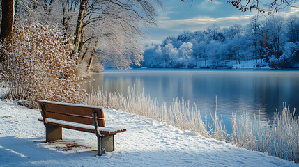 Wooden bridge over snowy lake with winter trees, Serene Winter Landscape with Snow-Covered Bridge and Pine Trees. Discover the beauty of winter with this tranquil scene featuring a snow-covered bridg
