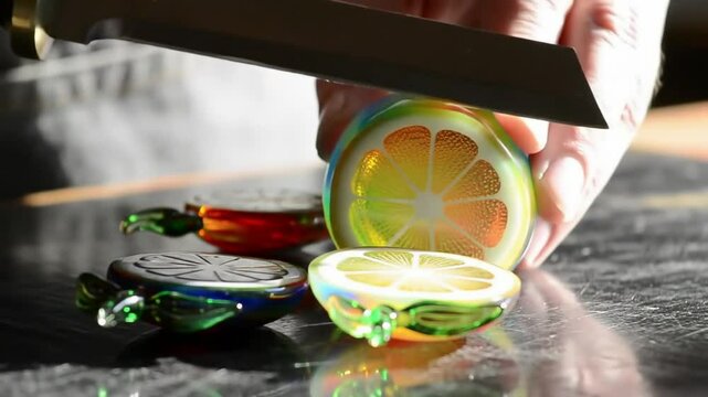 Highly realistic ultra 8K ASMR video of a human hand slicing a hyper-detailed, glass sculpture of a (lemon) on a wooden cutting board. The object resembles glossy blown glass &mdash; reflective, slightly ti