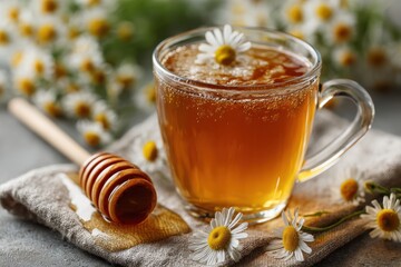 A clear glass cup of chamomile tea with floating flowers sits on a cloth beside a honey dipper with honey and chamomile blooms.