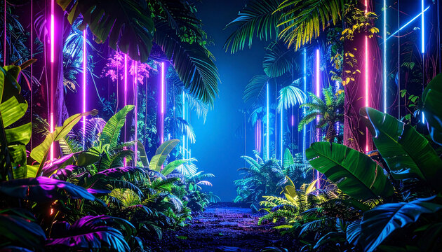 Lush tropical foliage path illuminated by vibrant pink, purple, and blue neon lights at night, creating a surreal, otherworldly atmosphere - Powered by Adobe