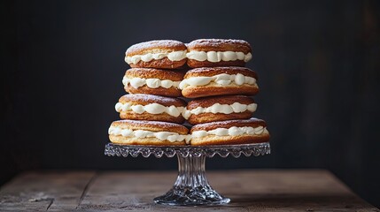 Tiered cake stand with cream-filled eclairs .