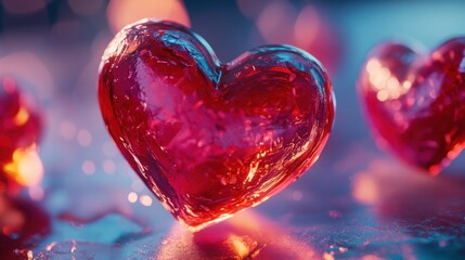 Red glassy hearts, glowing in bokeh