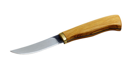 a knife with a wooden handle on a white surface
