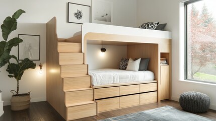 Stylish loft bed with drawers and clean design .