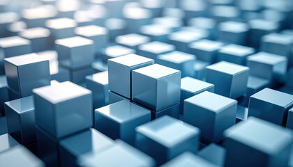A dense field of light-blue, glossy cubes, some slightly elevated, creating a textured, three-dimensional surface with a shallow depth of field