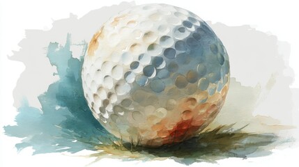 A watercolor painting of a golf ball resting on grass with soft blue and brown hues blending in the background.